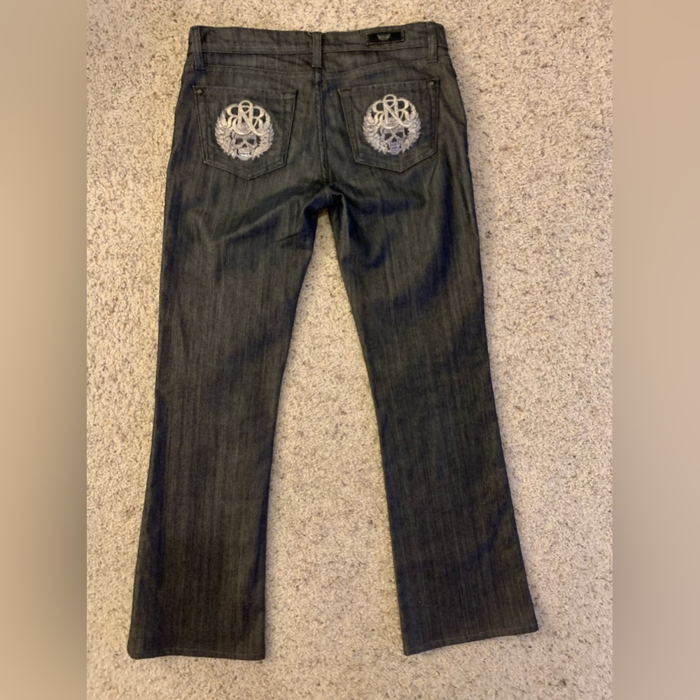 Womens Rock and Republic black denim skull rhinestone jeans